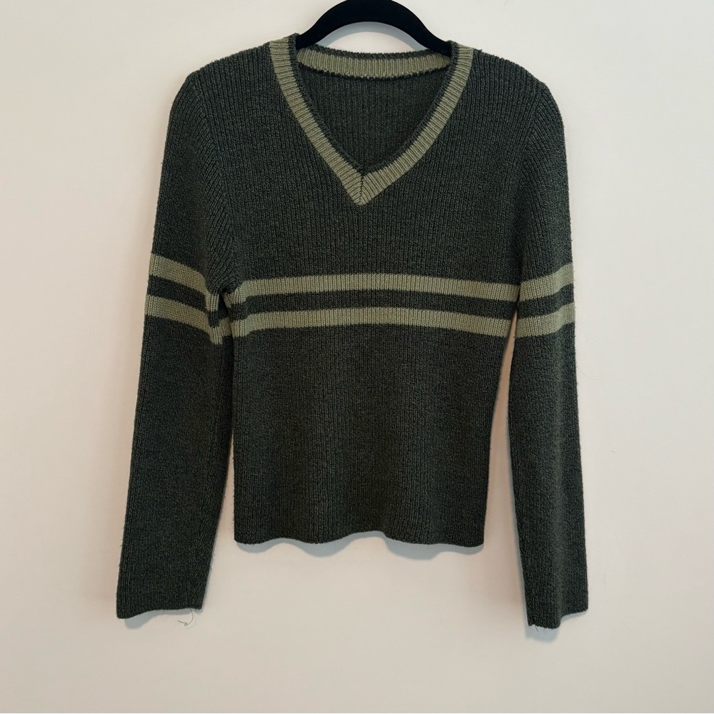 Vintage 90s Olive Forest Green V Neck Chest Stripe Sweater